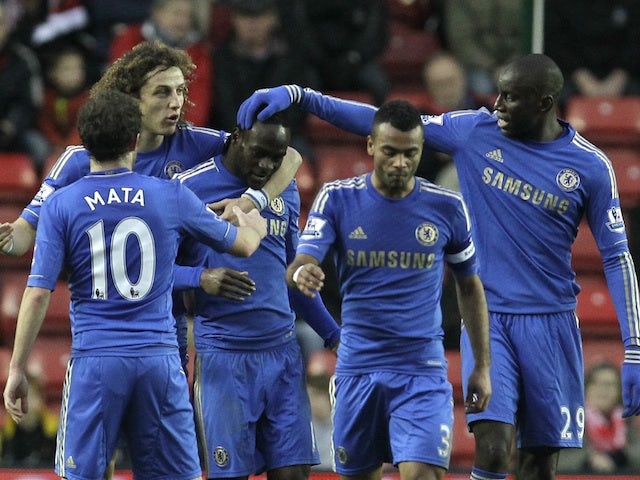 Chelsea players congratulate Victor Moses, following his strike against Southampton on January 5, 2013