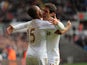 Swansea's Danny Graham congratulates Wayne Routledge on his goal against Aston Villa on January 1, 2013