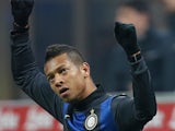Inter's Fredy Guarin celebrates scoring the his team's second against Pescara on January 12, 2013