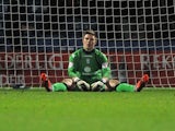 Birmingham goalie Jack Butland sits dejected after a late Huddersfield equaliser on January 12, 2013