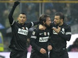 Juventus midfielder Andrea Pirlo celebrates with teammates after scoring against Parma in their Serie A clash on 13 January, 2013