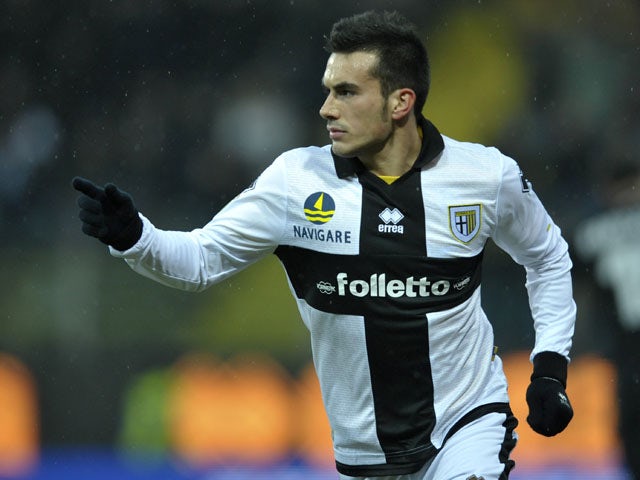 Parma forward Nicola Sansone celebrates scoring a goal in his sides Serie A match versus Juventus on January 13, 2013