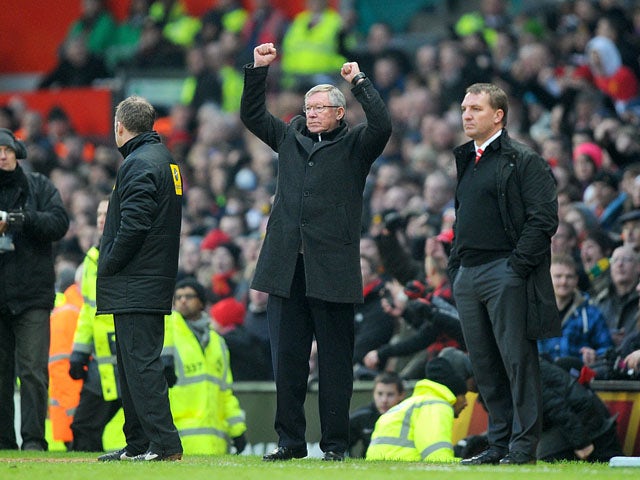 Manchester United manager Sir Alex Ferguson celebrates his sides victory over Liverpool on January 13, 2013