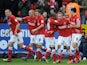 Charlton players congratulate Scott Wagstaff after his goal against Blackpool on January 12, 2013