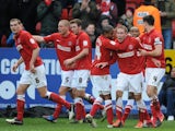 Charlton players congratulate Scott Wagstaff after his goal against Blackpool on January 12, 2013