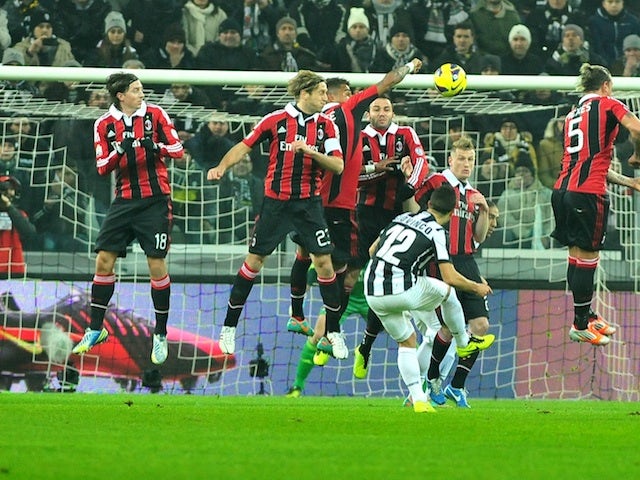 Juve's Sebastian Giovinco scores a free-kick against Milan on January 9, 2013