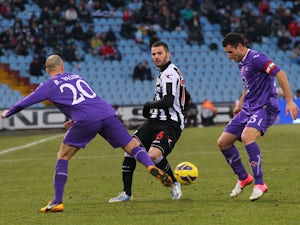 Fiorentina player Borja Valero challenges for the ball in his sides game with Udinese on January 13, 2013