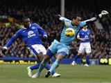 Everton striker Victor Anichebe duels with Swansea keeper Michel Worm on Janauary 12, 2013