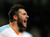 Marseille striker Andre-Pierre Gignac celebrates a goal against Montpellier on January 19, 2013