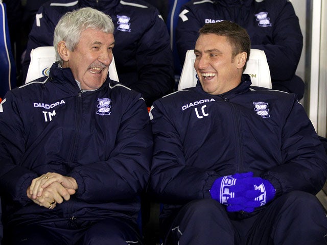 Birmingham manager Lee Clark laughs with his assistant Terry McDermott prior to kick off on January 15, 2013