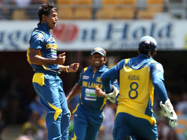Sri Lanka's Nuwan Kulasekara after taking a wicket in his sides match with Australia on January 18, 2013