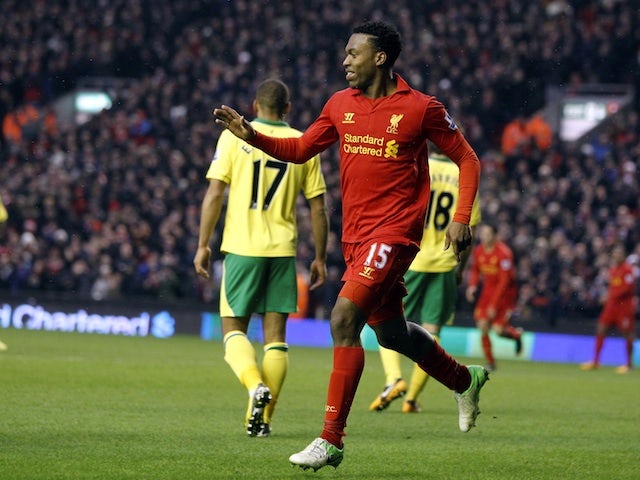Daniel Sturridge celebrates his first home goal for Liverpool, against Norwich, on January 19, 2013