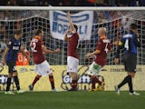 Roma forward Francesco Totti celebrates a goal against Inter Milan on January 20, 2013