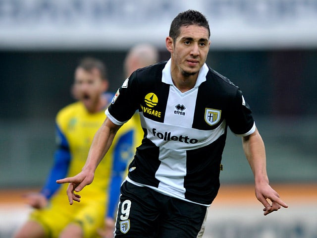 Parma's Ishak Belfodil celebrates after scoring the opener against Chievo on January 20, 2013