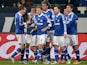 Schalke's Julian Draxler is congratulated by team mates after scoring his team's second goal against Hannover on January 18, 2013