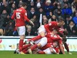 Nottingham Forest players celebrates Chris Cohen's opener against rivals Derby on January 19, 2013
