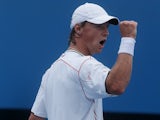 Lithuanian Ricardas Berankis celebrates his second round victory over Florian Mayer on January 17, 2013