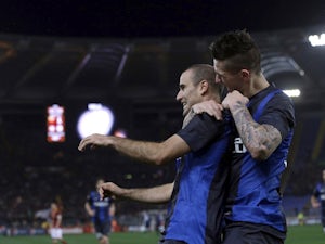 Inter Milan's Rodrigo Palacio celebrates a goal against Roma on January 20, 2013