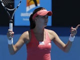 Poland's Agnieszka Radwanska questions a line call in her first round match at the Australian Open tennis championship on January 13, 2013