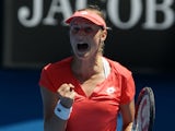 Russia's Ekaterina Makarova celebrates winning the first set against Angelique Kerber in the fourth round of the Australian Open tennis championship on January 20, 2013