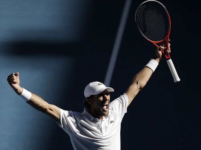 Frenchman Jeremy Chardy celebrates after defeating Juan Martin Del Potro in the third round of the Australian Open tennis championship on January 19, 2013