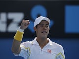Japan's Kei Nishikori celebrates after winning a point in his third round match at the Australian Open tennis championship on January 18, 2013