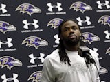 Baltimore Ravens player Torrey Smith speaking at a news conference on January 14, 2013