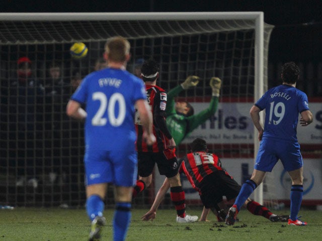 Wigan Athletic player Mauro Boselli scores during his sides FA Cup match against AFC Bournemouth on January 15, 2013