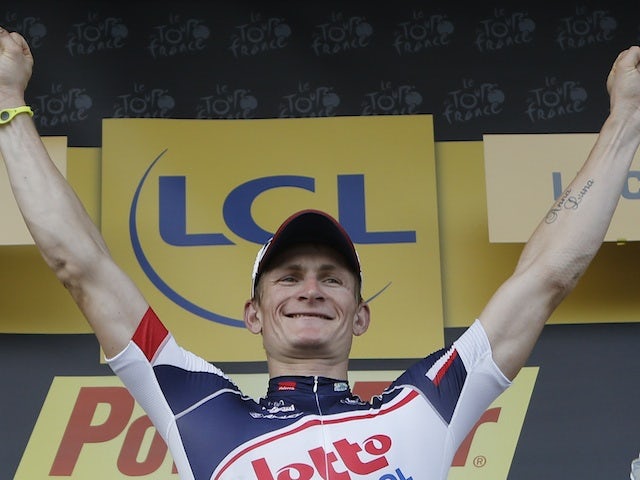 German Andre Greipel celebrates a Tour de France stage win on July 14, 2012