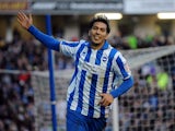 Brighton & Hove Albion's Jose Ulloa celebrates scoring his sides second goal in their match against Arsenal on January 26, 2013