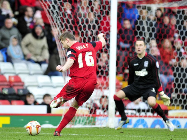 Bristol City player Steven Davies scores in his sides Championship match with Ipswich Town on January 26, 2013