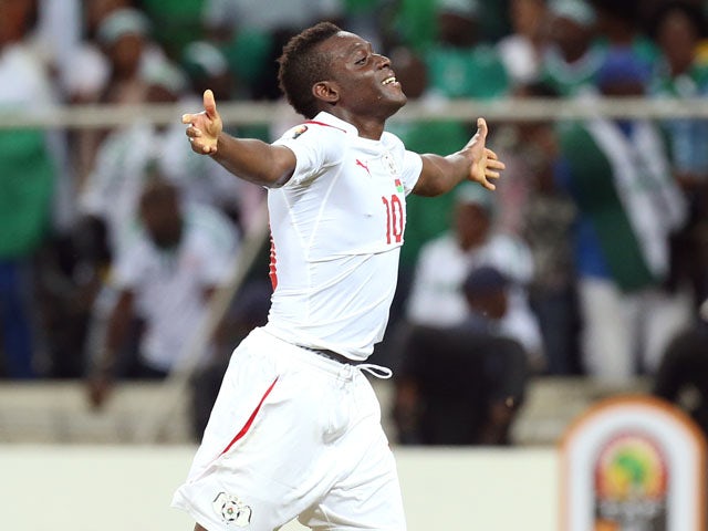 Burkina Faso's Alain Traore celebrates at the end of their African Cup of Nations match with Nigeria on January 21, 2013