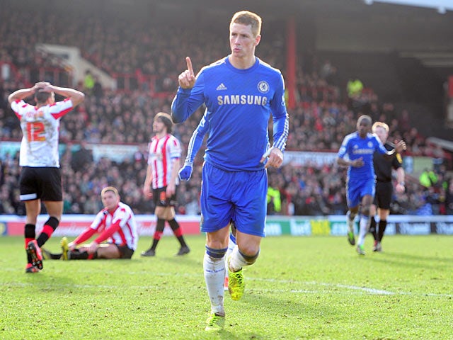 Fernando Torres celebrates scoring a late equaliser in the FA Cup fourth round tie against Brentford on January 27, 2013