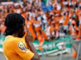 Ivorian Gervinho kisses the badge on his shirt after scoring the winning goal against Togo on January 22, 2013