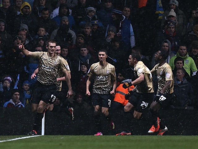 Bradford forward James Hanson celebrates scoring the equaliser against Aston Villa on January 22, 2013
