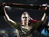 Goalscoring hero James Hanson celebrates after Bradford beat Aston Villa to reach the League Cup final on January 22, 2013