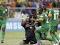 Zambia keeper Kennedy Mweene celebrates his late penalty against Nigeria on January 25, 2013