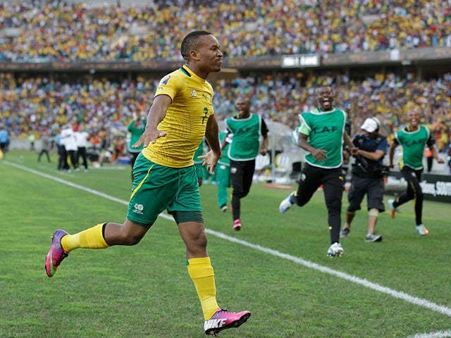 South Africa's Lehlohonolo Majoro celebrates scoring his team's second goal in the Africa Cup of Nations match against Angola on January 23, 2013