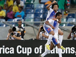 Cape Verde Islands Luis 'Platini' Soares is congratulated by team mate Ryan Mendes after scoring the opening goal in the Africa Cup of Nations match against Morocco on January 23, 2013