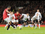Manchester United veteran Ryan Giggs converts from the penalty spot in his sides match with Fulham in the FA Cup fourth round on January 26, 2013