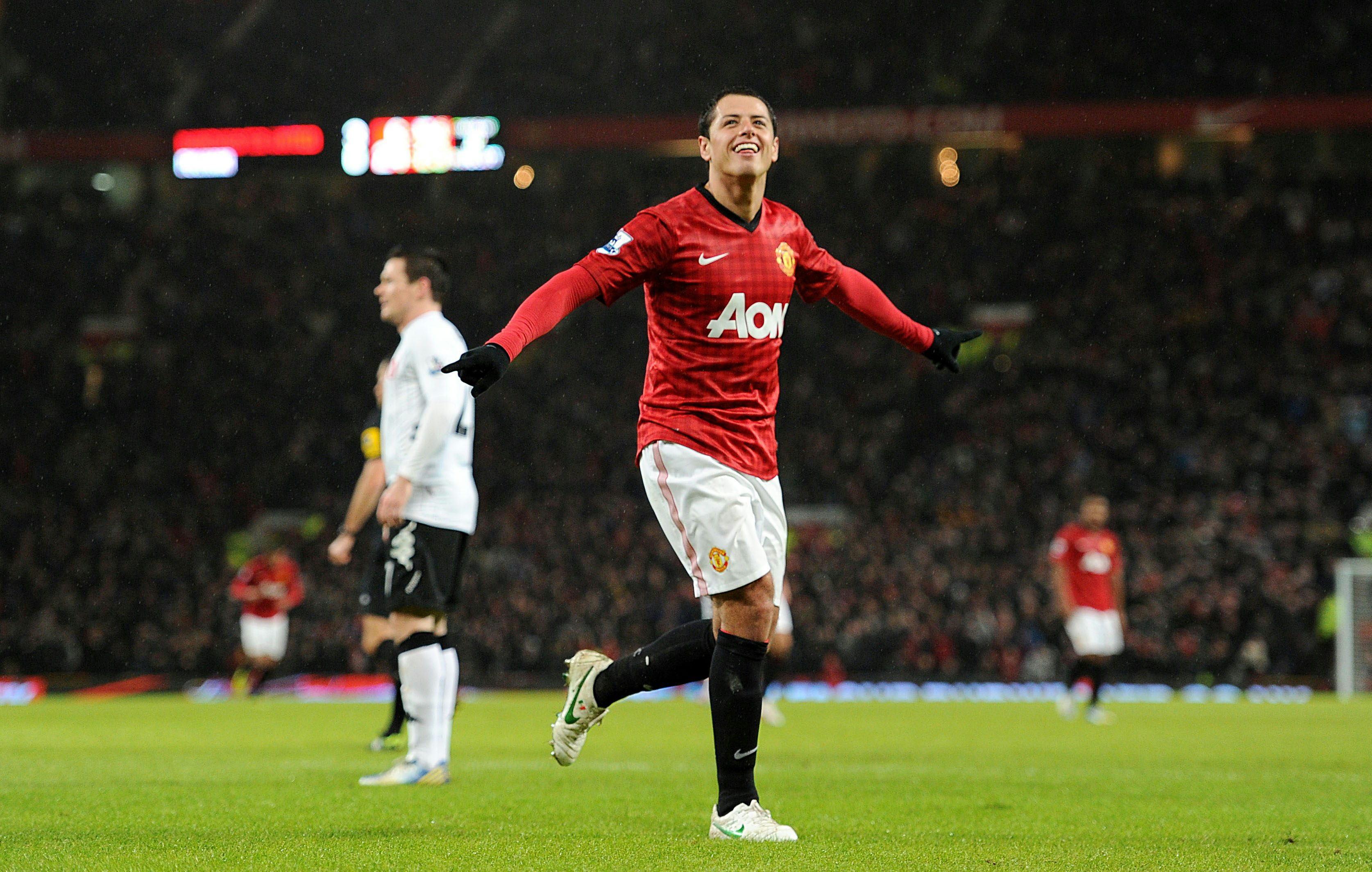 Manchester United striker Javier Hernandez celebrates scoring his second goal in his sides match against Fulham on January 26, 2012