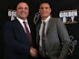 CEO of Golden Boy Promotions Richard Schaefer shakes hands with Anthony Ogogo during a press conference on January 16, 2013