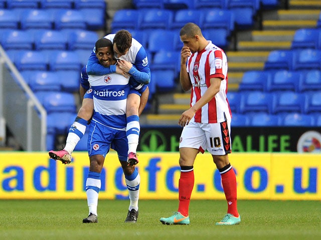Reading player Mikele Leigertwood celebrates scoring for his side in their match with Sheffield United on January 26, 2013