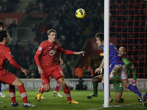 Everton defender Leighton Baines clears a shot off the line during his sides match with Southampton on January 21, 2013