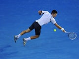 Novak Djokovic in action during his quarterfinal match  at the Australian Open tennis championship on January 22, 2013