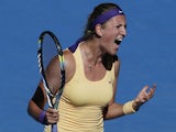 Victoria Azarenka reacts during her semifinal match against American Sloane Stephens at the Australian Open tennis championship on January 24, 2013