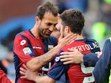 Genoa's Andrea Bertolacci celebrates with team mate Daniele Portanova after scoring his team's second against Lazio on Febraury 3, 2013