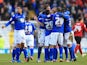 Birmingham players surround Chris Burke following his goal against Forest on February 2, 2013