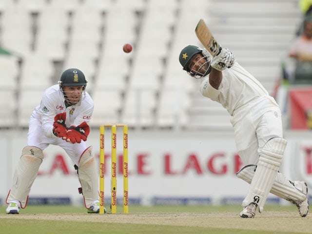 Pakistan's Asad Shafiq hits a four during his side's match with South Africa on February 3, 2013
