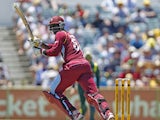 West Indies captain Darren Sammy hits a shot during his sides match against Australia on February 1, 2013 